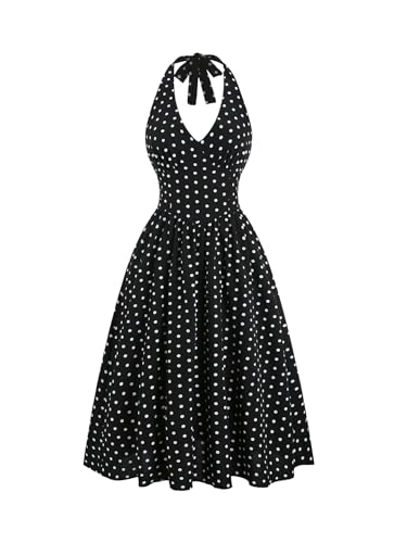 Image of Aahwan Polka Dots Halter Long Dress Backless A Line Flared Vintage Party Club Dresses for Women's & Girl's