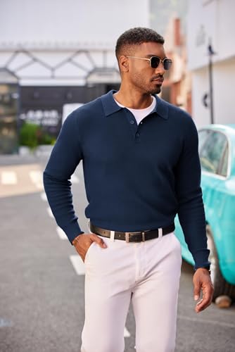 COOFANDY Men's Long Sleeve Polo Sweater Casual Light V Neck Sweater Cable Knit Pullover Polo Golf Sweaters Navy Blue4