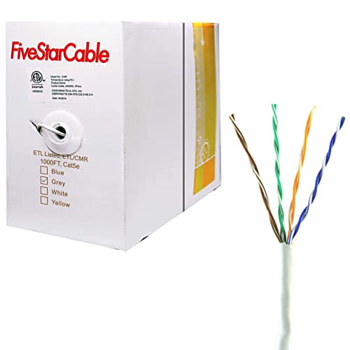 FiveStarCable Cat5e 1000 Ft. CMR Riser Rated Solid Bare Copper Conductor UTP Ethernet High Speed POE IP Security Camera System Twisted Paired PVC Cable White