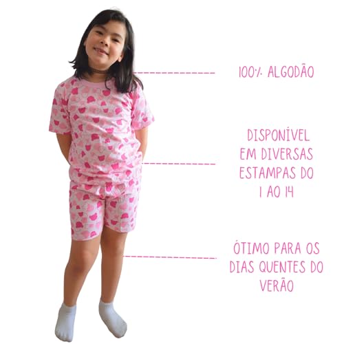 Pijama Infantil Menina de 1 a 14 anos Conjunto Short e Camiseta Bermuda Criança Algodão Verão Calor