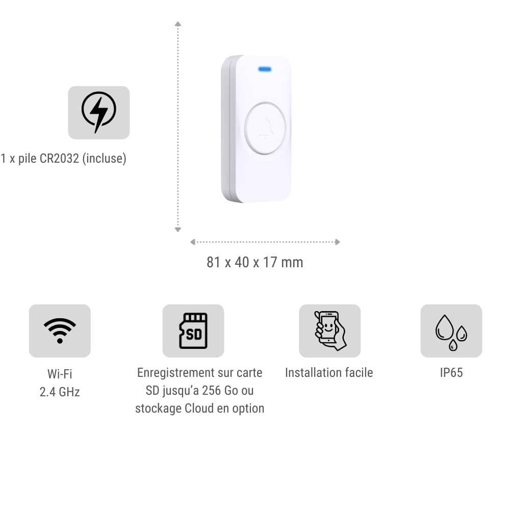 DRINGG, Sonnette connectée WiFi + RF (Bouton IP65 + Carillon intérieur), Notifications sur Smartphone, Longue portée, IP65