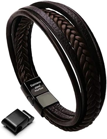 murtoo Bracciale da uomo, cinturino in pelle da uomo in nero e marrone, chiusura magnetica in acciaio inox, ottima idea regalo per uomo, 20cm, Pelle, Senza Gemme