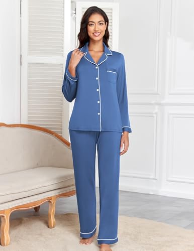 Image of Veseacky Women's Ribbed Knit Pajamas Set 2 Piece Warm Soft Loungewear Sleepwear Pjs S-XXL