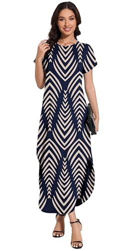 Women Summer Long Sundress Crewneck Short Sleeve Maxi Dress 2025 Casual Loose Beach Dress with Pockets3