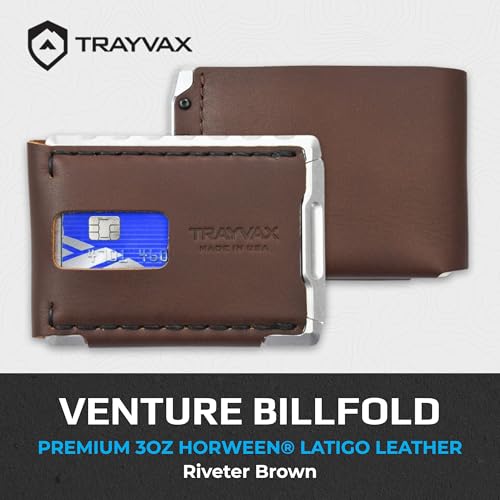 Image of Trayvax Venture Billfold Wallet, Front Pocket Money and Credit Card Holder, Minimalist Slim Leather Metal Wallet for Men and Women, Riveter Brown, Billfold