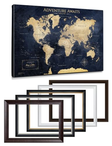 Image of IPIC - Personalized Framed World Map Painting for Wall Decor, Pinnable World Map to Mark Travels, Custom Artwork with Names, World Travel Map for Home, Office, Study, and RV, Ready to Hang