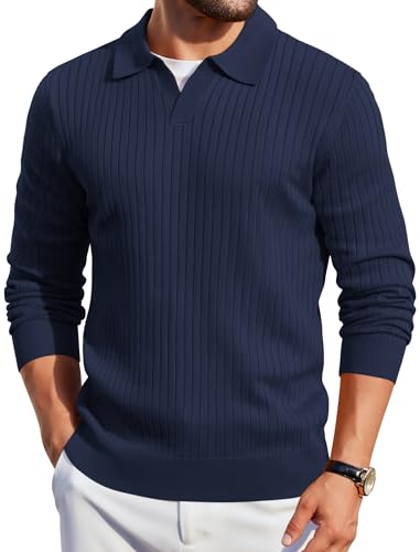 COOFANDY Mens Knit Polos Long Sleeve Casual Sweater Polos V Neck