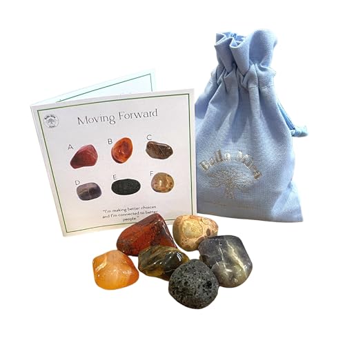 BellaMira Lifestyle Accessories Cristales Moving Forward: selección premium de 6 piedras diseñadas en el Reino Unido para relajación, calidez emocional, fuerza y conexión a tierra. Viene con bolsa de