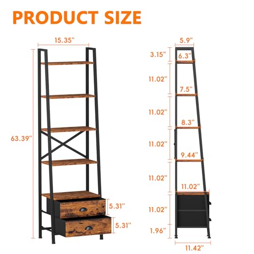 Furologee 5-Tier Ladder Shelf With 2 Drawers,Narrow Bookshelf Storage Shelves,Industrial Bookcase Freestanding Shelf Units For Bedroom,Living Room,Bathroom,Home Office,Balcony,Wood Metal,Rustic Brown thumb #2