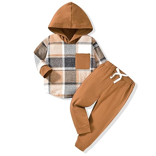 HINTINA Toddler Little Boy Plaid Sweatsuit Outfits Long Sleeve Hooded Sweatshirt Hoodie Fall Winter Clothes Clothing Set