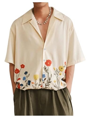 Men's Floral Button Down Shirts Short Sleeve Drop Shoulder Beach Casual Dress Collared Shirts Tops