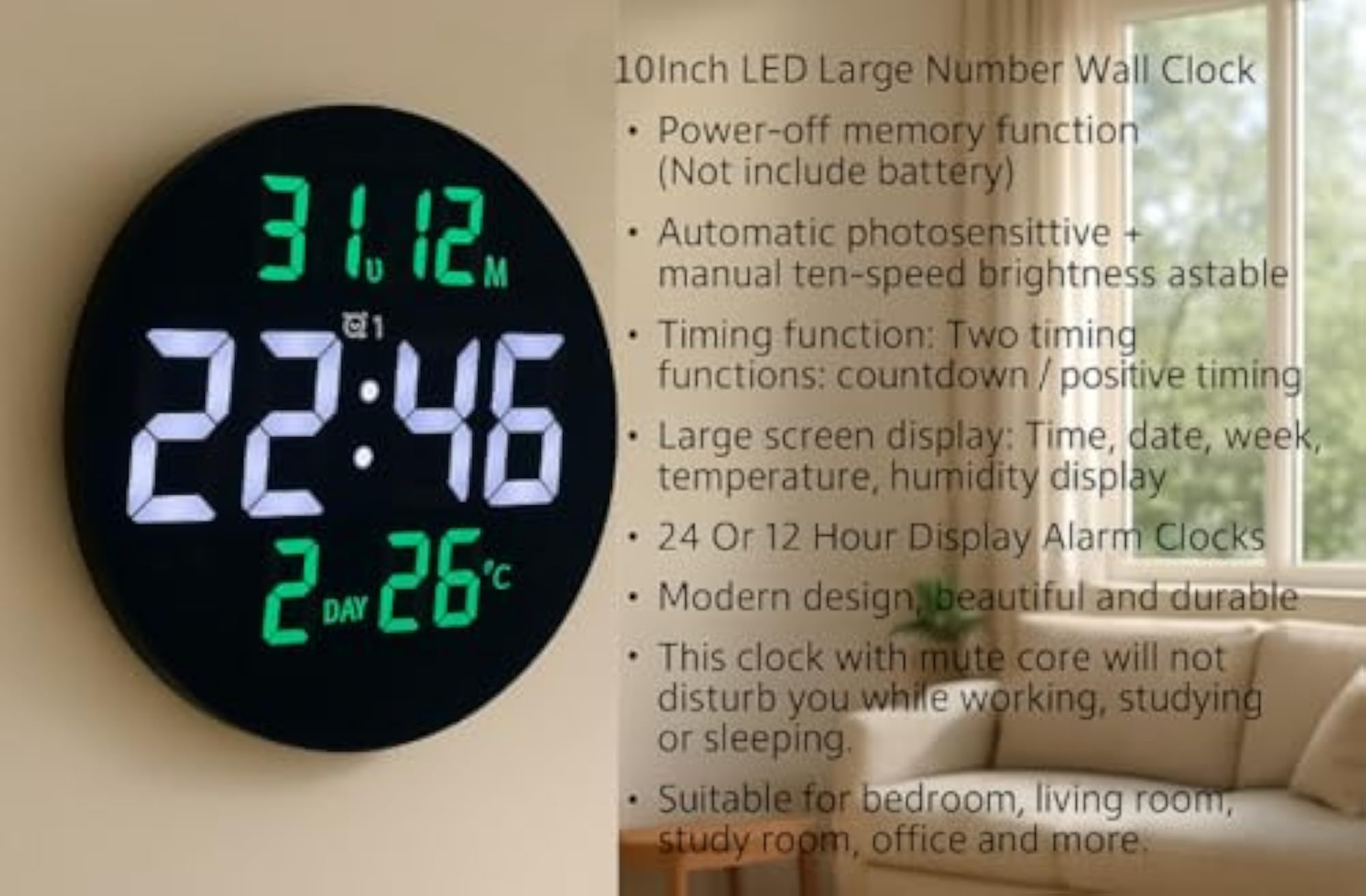 Smart Digital LED Wall Clock with Dual Alarms
