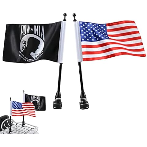6" x 9" American Flag + POW MIA "You Are Not Forgotten" Flag + 2 Black Adjustable Flagpole Mount Set for Harley Davidson Honda Goldwing CB VTX CBR Yamaha Cover