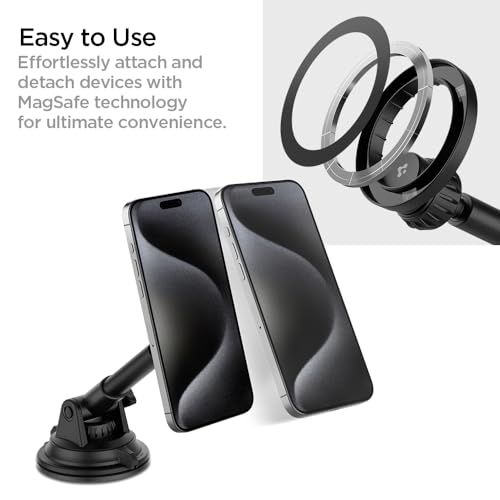 Image of Spigen Dashboard & Windshield Car Mobile Holder,Super Strong Magnet,Works as Desk Mount for iPhone 17 /16 /15 /13 /12, Samsung Galaxy Series & More (MFT35) - Black