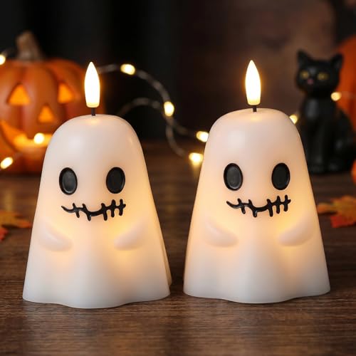 Image of GenSwin Ghost Halloween Flameless Candles Battery Operated LED with Timer | Real Wax, Halloween Decor, White, 2 Pack, 3.5 inch x 5.5 inch