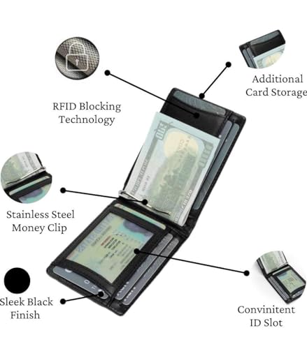 Slim RFID-Blocking Genuine Leather Minimalist Front Pocket Wallet for Men with Money Clip & ID Window - Travel Friendly and Durable - Gift Box Included (Carbon Fiber Black)2