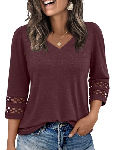 Trendy Queen 3/4 Length Sleeve Womens Tops V Neck Tunic Dressy Casual Business Ladies Fall Fashion Outfits 2025