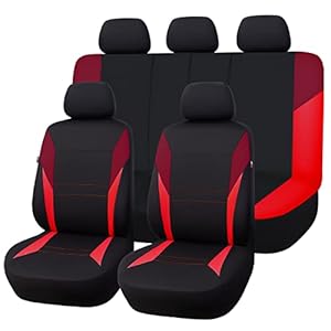 Flying Banner Flat Cloth Car Seat Covers Full Set Universal Fit Two Tone Color Low Back Airbag Compatible Rear Bench Split Seat Covers (Red)