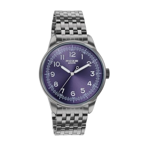 Image of Sonata Poze 8 Quartz Analog with Arsenic Blue Dial Gun Stainless Steel Strap Watch for Men - SP70110QM01W