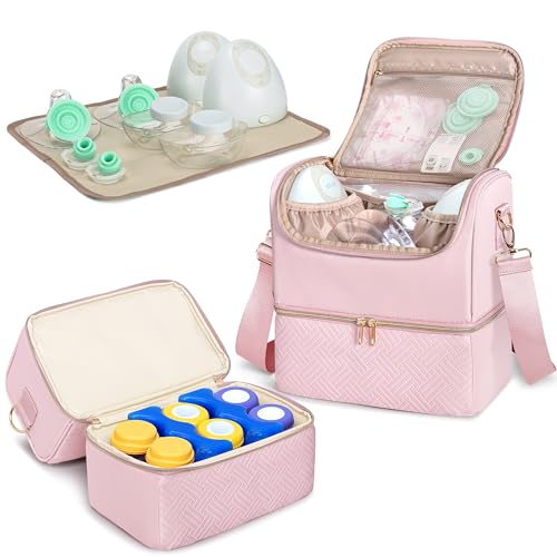 Image of Fasrom Breast Pump Bag with Cooler Compartment Compatible with Momcozy, Medela and Willow Hands Free Pump, Pumping Tote with Waterproof Mat, Pink