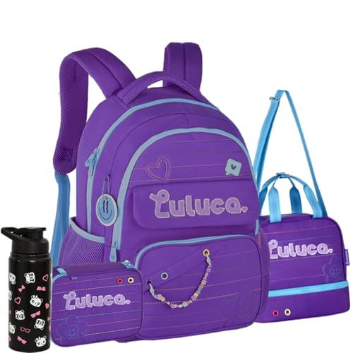 Kit Mochila Luluca Costas Roxa Escolar Infantil Lancheira E Estojo Menina Linda com Garrafa de Pandinhas