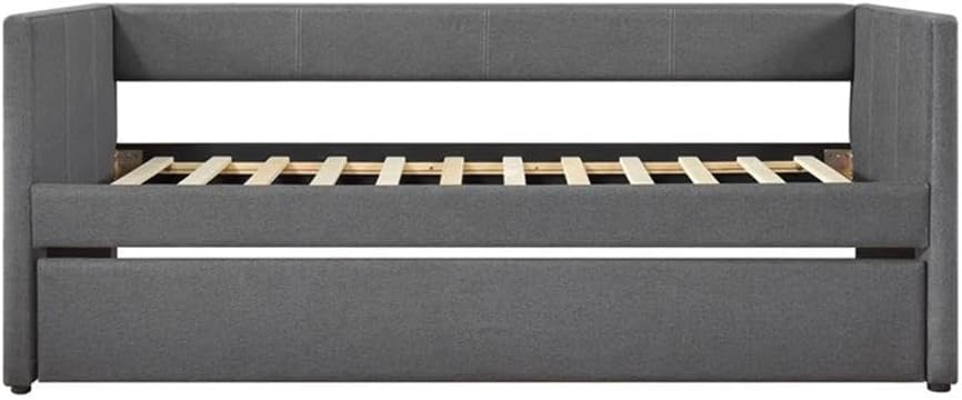 Pemberly Row Textured Fabric Daybed with Pull-Out Trundle, Dark Gray Upholstery, Wood and Engineered Wood Frame, 300 lbs Capacity, Twin Mattress Fit, Modern Design for Bedroom or Guest Room Sleeping