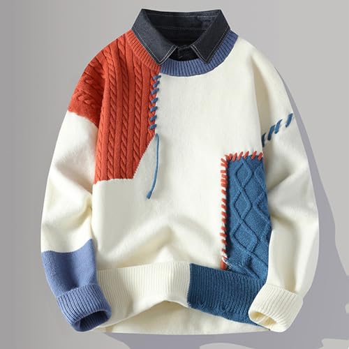 Men's Lapel Collar Color Block Patchwork Knit Sweater Crochet Knitted Lightweight Long Sleeves Pullover Sweaters2