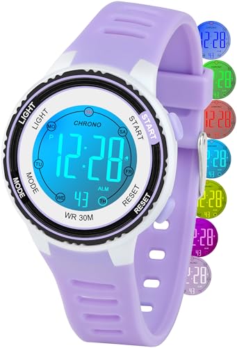 DTKID Digitaluhr Kinder, 7 Farben Kinderuhr Junge Mädchen, 3 ATM wasserdichte Sports Outdoor Armbanduhr Kinder Mit Timer, Wecker, Kalender