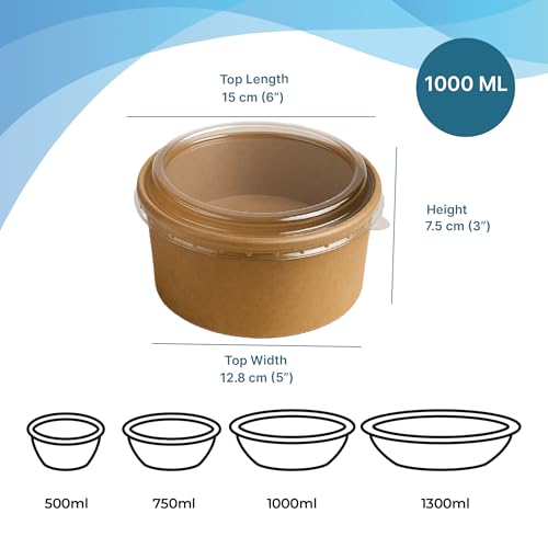 Image of Disposable Round Paper Containers with Lids | Takeout Containers for Hot /Cold Foods, Soup, Salad, Dessert, Pasta, Noodles | Microwavable, Leak-Proof Food Storage Containers- 1000ml, 25 Pack
