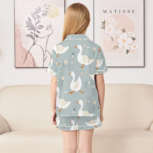 ALAZA White Duck Leaf Blossom Flower Pajamas Satin Pajama Set Short Sleeve Button Down Sleepwear4