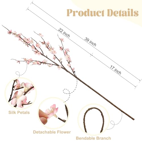 Ammyoo 4 PCS Artificial Plum Blossom Party Decorations Fake Cherry Flowers Faux Long Stems Wintersweets Silk Flowers Arrangement for Wedding Home Office Bedroom Spring Decor(Light Pink)
