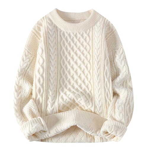 Men's Long Sleeve Cable Knit Pullover Sweater Fisherman Twist Patterned Oversize Lightweight Crewneck Sweaters