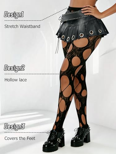 Image of Buitifo Women Sexy Tights Fishnet Patterned Stockings Sheer Socks | Y2K Ragged Pantyhose Hosiery Ripped Leggings One Size