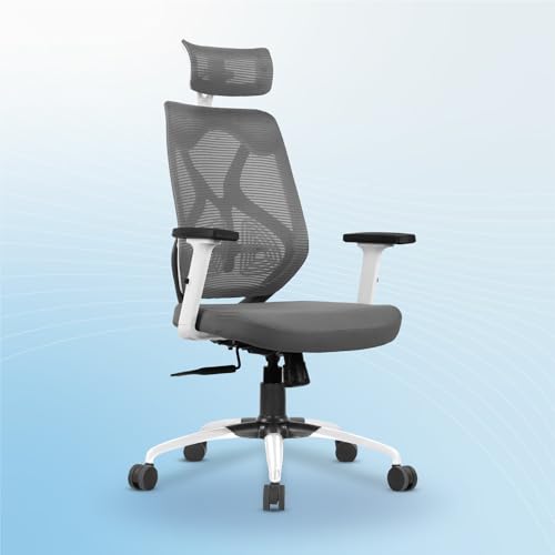 Vergo Transform Prime Mesh Office Chair | High Back Lumbar Support | 2D Adjustable Armrests | Synchro Tilt Lock Recline Mechanism | Heavy Duty Metal Base | Ergonomic Chair for Study, Desk (White Grey)