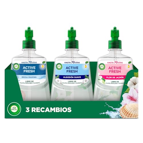 Air Wick Active Fresh Spray Automatico Sin Aerosol - Ambientador para casa con aroma a Brisa Marina, Algodón y Flor de Jazmín - Pack de 3 Recambios (228mlx3)