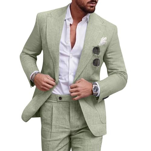 2 Piece Linen Suits for Men Slim Fit Casual Beach Wedding Summer Grooms Groomsmen Linen Blazer Pants Suit