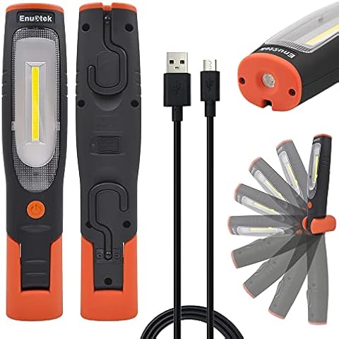 ENUOTEK Rechargeable COB LED Work Light Cordless Magnetic LED Mechanics Inspection Torch Lamp Flashlight Dimmable 4W COB LED and Top 3W LED, Magnetic Base and Dual Hooks, Essential Work Job Tool Cover