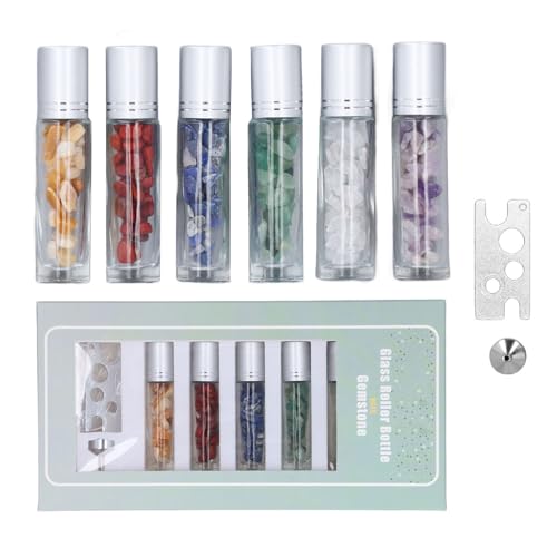 NSXAYIWE 6 botellas enrollables de vidrio transparente para aceites, botellas enrollables de 10 ml con tapa de plata y piedra triturada recargable, para perfume líquido de aceite esencial