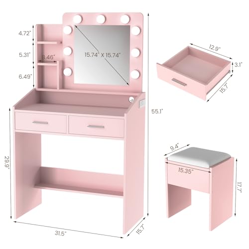 GarveeHome Vanity Desk with Mirror and Lights, Makeup Vanity with Power Outlet & Cushioned Stool, 3 Lighting Modes Adjustable Brightness, Dressing Table with Hairdryer Holder for Bedroom, Pink
