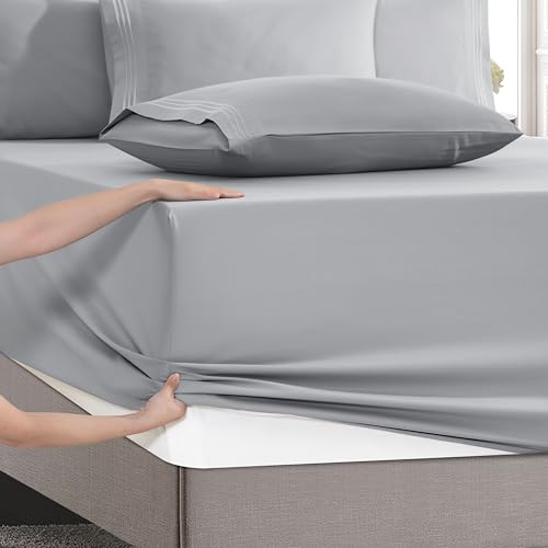 Image of Mocassi Luxury 6-Piece Sheet Set, Ultra Soft 1800 Premium Hotel Quality Microfiber Sheet Set, Fits Mattresses Up to 18 to 24 Inches Extra Deep Pocket - Breathable and Secure Fit, Cal King, Silver