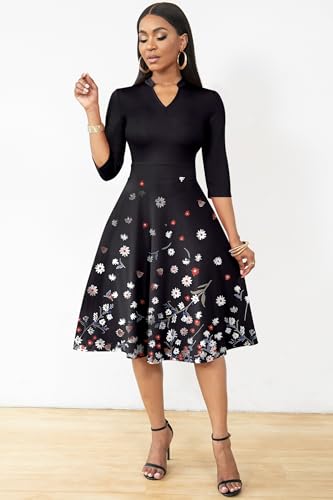 Image of Nmoder Casual Dresses for Women Semi Formal Fit and Flare 3 /4 Sleeve A-line Church Work Dress with Pockets