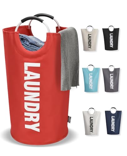 UULANFA ランドリーバスケット 90 大容量 洗濯かご 折りたたみ 撥水加工 耐荷重15KG 取っ手付き ランドリー収納 おしゃれ 軽量 洗濯物入れ 収納袋 寝室 脱衣所 クローゼット リビング (レッド, 90L)