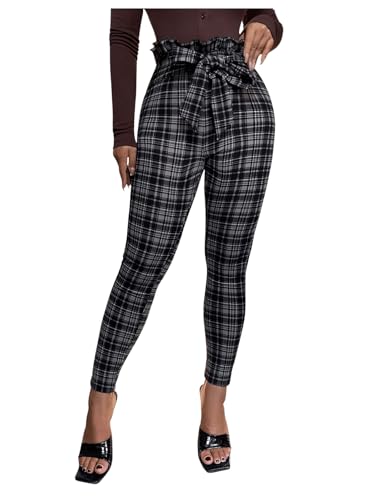WDIRARA Women's Plaid Paperbag Waist Tie Front Stretch Belted Skinny Pants