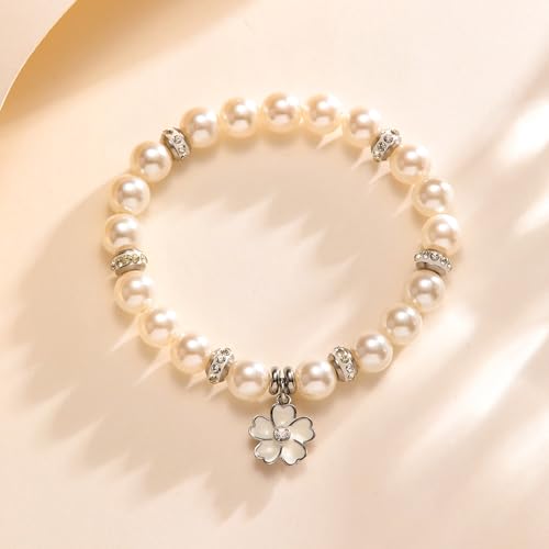 Bracelet Proposal Flower Girl Wedding,Teacher Thanksgiving Gifts,Flower Pendants and Pearl Bracelets for Wife Mother Daughter Packaged in Wedding Gift Boxes3