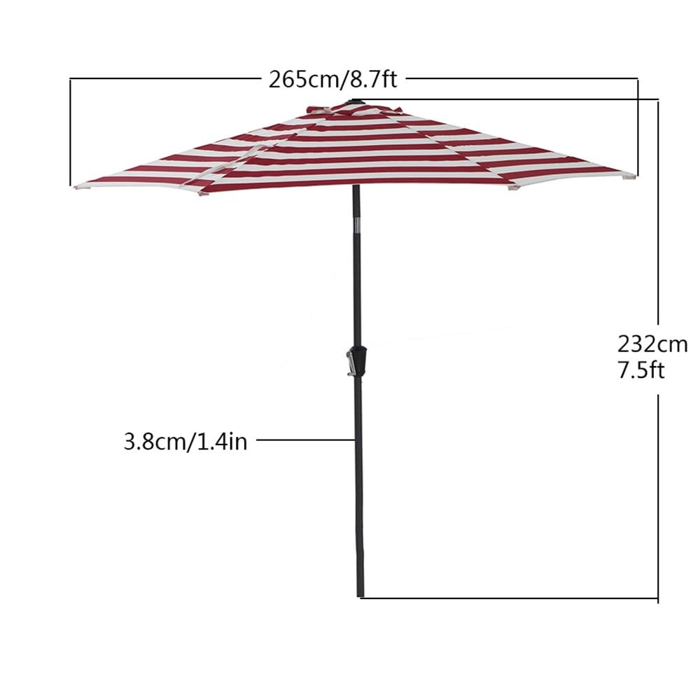 Parasol ogrodowy, 265 cm Parasol stołowy na zewnątrz z pochyleniem i korbą, czerwono-białe paski, ochrona przed promieniowaniem UV Parasol ogrodowy na taras, basen, podwórko