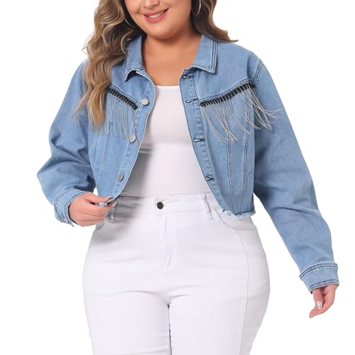Agnes Orinda Plus Size Cropped Denim Jackets for Women Button Frayed Hem Tassel Crop Jean Jackets2