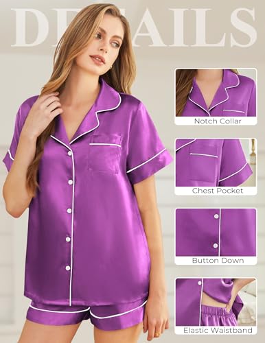 Image of Silk Pajamas for Women Short Sleeve Sleepwear Soft Button Down Loungewear 2 Piece Satin Pjs Shorts Set S-XXL