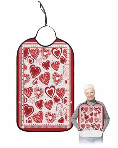 LEOKOTI Red Love Heart Valentines Day Adult Bibs for Eating, Waterproof Bibs with Food Catcher & Adjustable Snap Closure, Red Romantic Washable Clothing Protectors Adult Bibs for Elderly Women/Men
