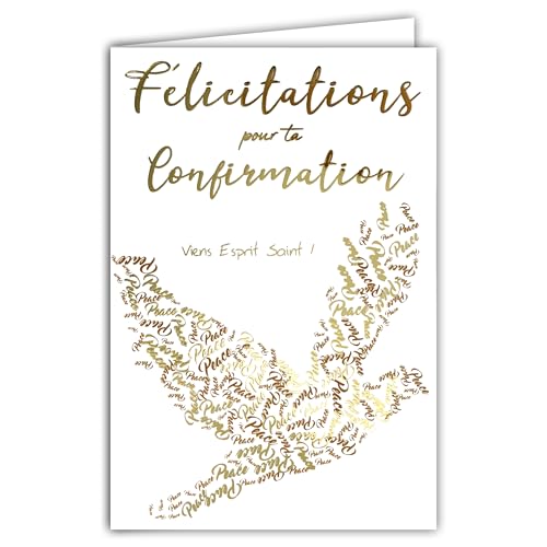 68-6503 Carte Félicitations pour ta Confirmation Homme Femme Chrétien(ne) Catholique Viens Esprit Saint Colombe de la Paix en Or Doré - Avec Enveloppe...