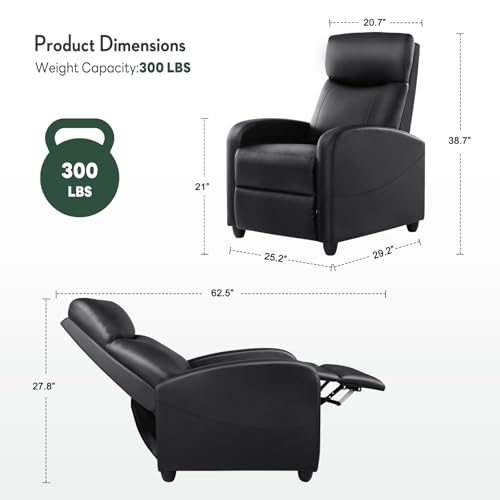 Image of Recliner Chair, Recliner Sofa PU Leather for Adults, Recliners Home Theater Seating with Lumbar Support, Reclining Sofa Chair for Living Room, Black